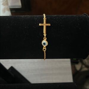 Gold Cross Bracelet with Evil Eye Charm